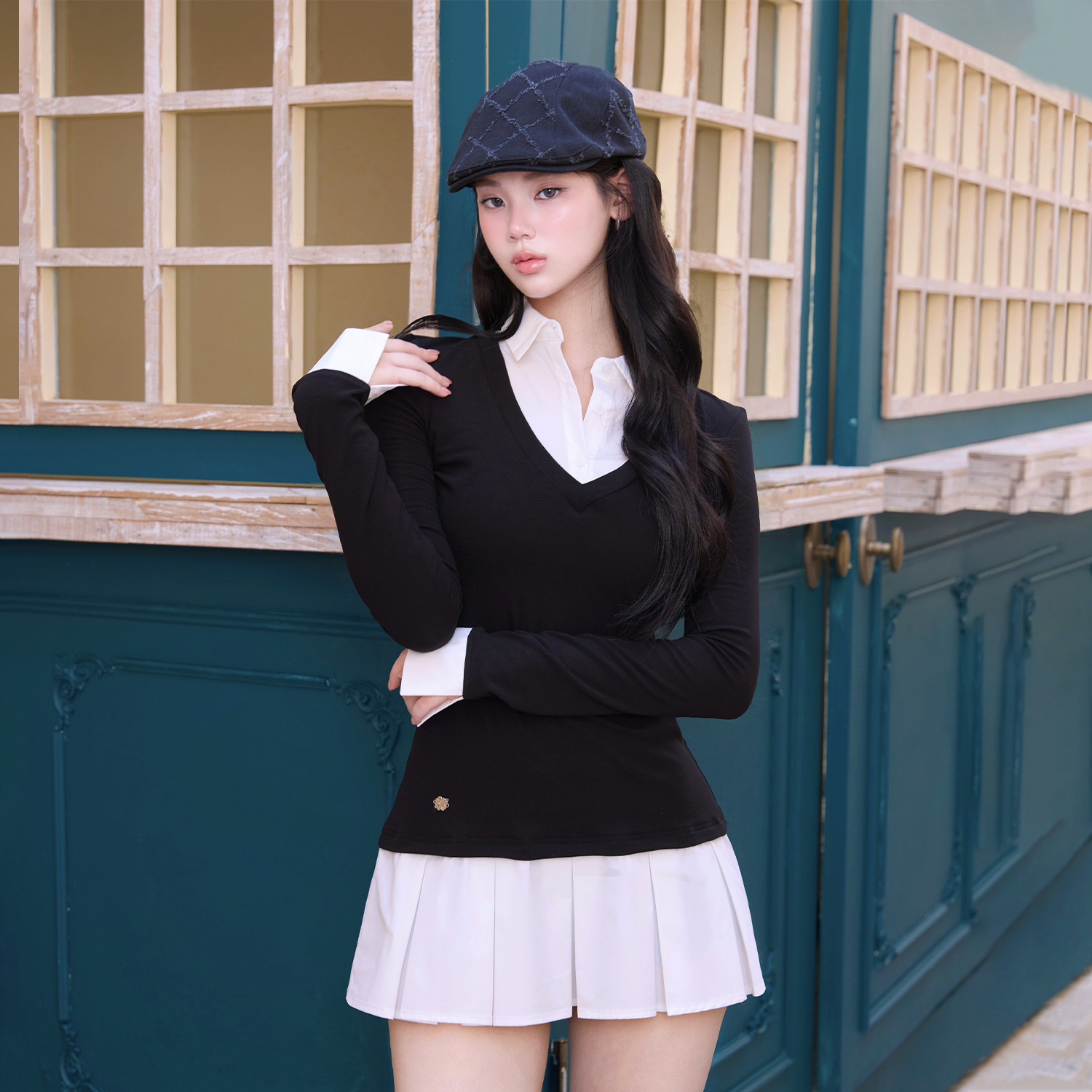 kindame韩国假两件拼接针织polo领连衣裙女小个子显高显瘦百褶裙 - 图2