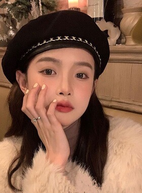 秋冬季黑色贝雷帽子女圆顶链条蓓蕾帽显脸小韩版毛呢画家帽女冬潮