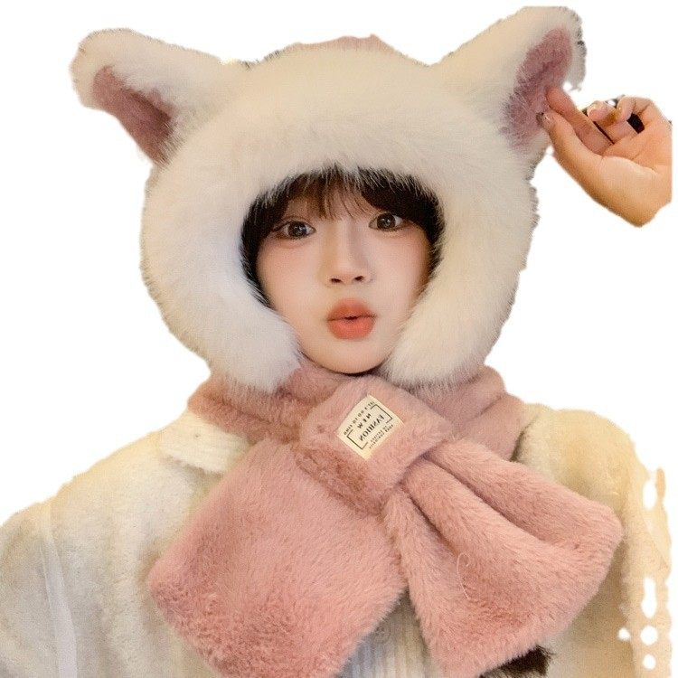 新款冬两件套可爱狐狸耳朵毛绒保暖帽女护耳套头帽围脖一体防寒帽,淘宝优惠券,粉丝福利购,淘宝优惠卷