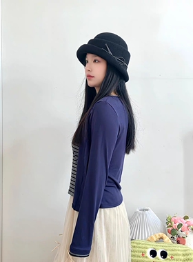 时尚百搭法式帽子女士冬纯色高级感赫本风千金帽卷檐大头围羊毛帽