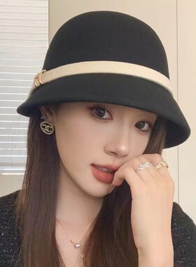 法式赫本风黑色羊毛呢礼帽盆帽女秋冬时尚洋气撞色蝴蝶结渔夫帽子