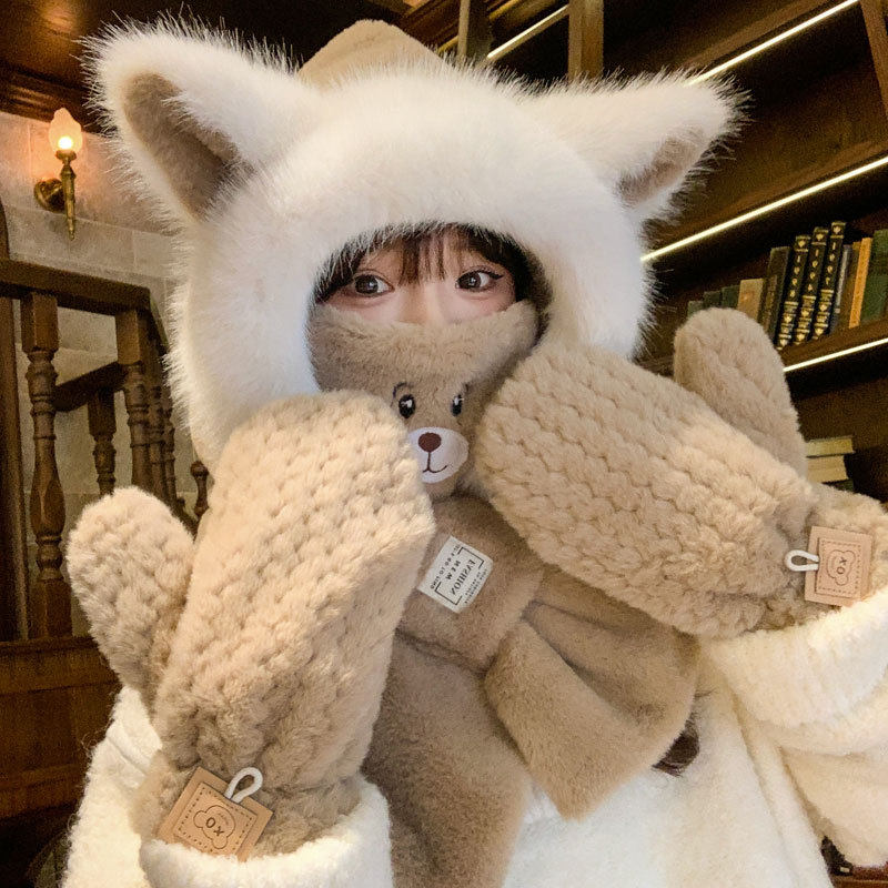 新款冬两件套可爱狐狸耳朵毛绒保暖帽女护耳套头帽围脖一体防寒帽,淘宝优惠券,粉丝福利购,淘宝优惠卷