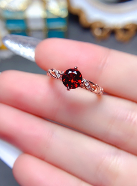 S925纯银镶嵌天然石榴石戒指女戒日韩时尚百搭简约个性酒红色宝石