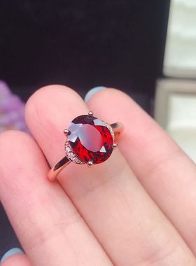 天然s925镀金酒红色石榴石戒指