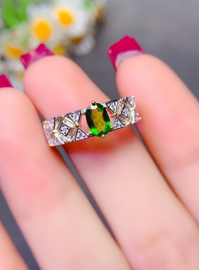 天然透辉石戒指S925纯银精工镶嵌日韩个性时尚百搭俄罗斯祖母绿色