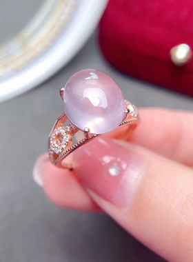 天然芙蓉石戒指女戒子招桃花S925纯银椭圆冰种粉水晶粉色宝石活口