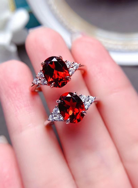 天然莫桑比克石榴石戒指女戒子s925纯银镶嵌酒红宝石活口简约饰品