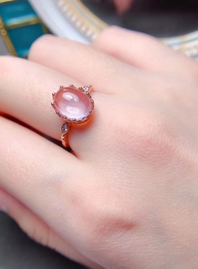天然芙蓉石粉水晶戒指S925纯银女