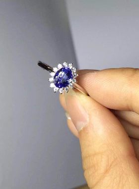 包邮天然坦桑石戒指镶嵌白金色