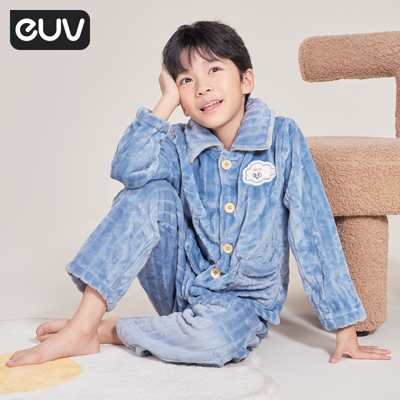 euv 宝宝珊瑚绒睡衣男女童冬款加绒加厚套装儿童冬季法兰绒家居服 - 图2