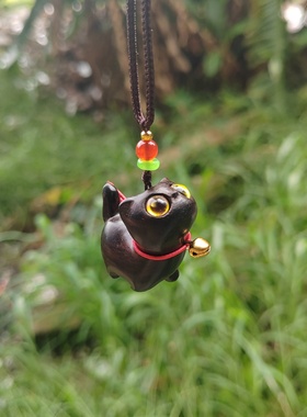 黑檀木小猫吊坠抬头猫木雕傲娇猫