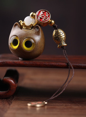 创意绿檀木雕福猫香囊汽车钥匙扣