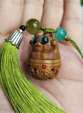 绿檀木雕刻财猫扩香器手机链穗子