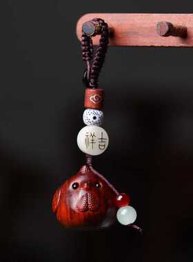 紫檀木雕刻十二生肖鸡情侣车钥匙