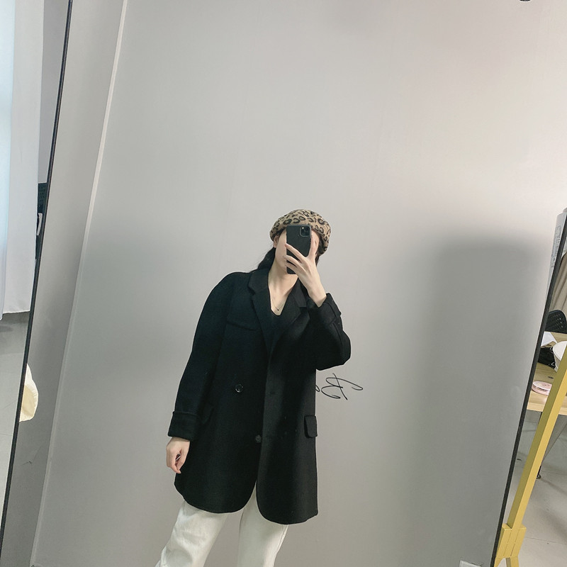 气质驼色手缝双面短款20羊绒大衣 美黛花毛呢外套