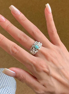 甄媛银饰蓝色椭圆仿珍珠戒指