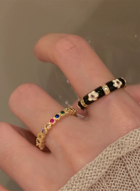 甄媛银饰黑色滴釉彩色锆石戒指女