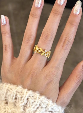 甄媛银饰新中式花枝树叶金色戒指