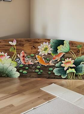 纯手绘风化木板荷花鱼装饰画