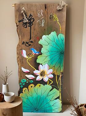 纯手绘风化木板荷花鱼装饰画