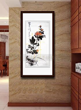 纯手绘国画仿真名人字画潘天寿书房竖版条幅盆栽黄菊花图花鸟挂画
