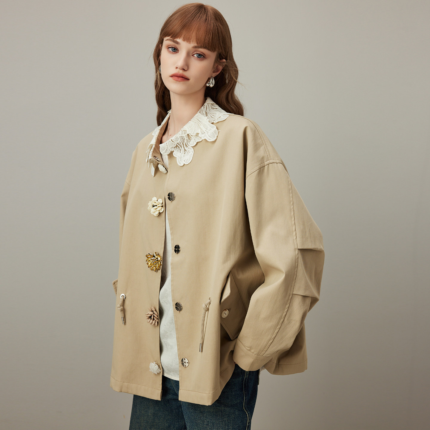 预售韩版纯棉短款风衣外套女2025年秋季新款抽绳宽松休闲夹克上衣