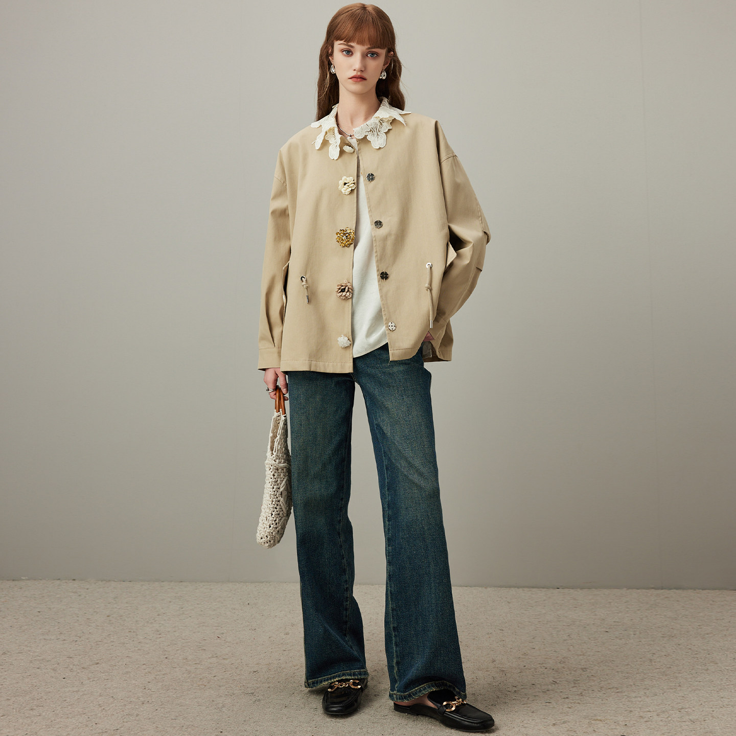 预售韩版纯棉短款风衣外套女2025年秋季新款抽绳宽松休闲夹克上衣