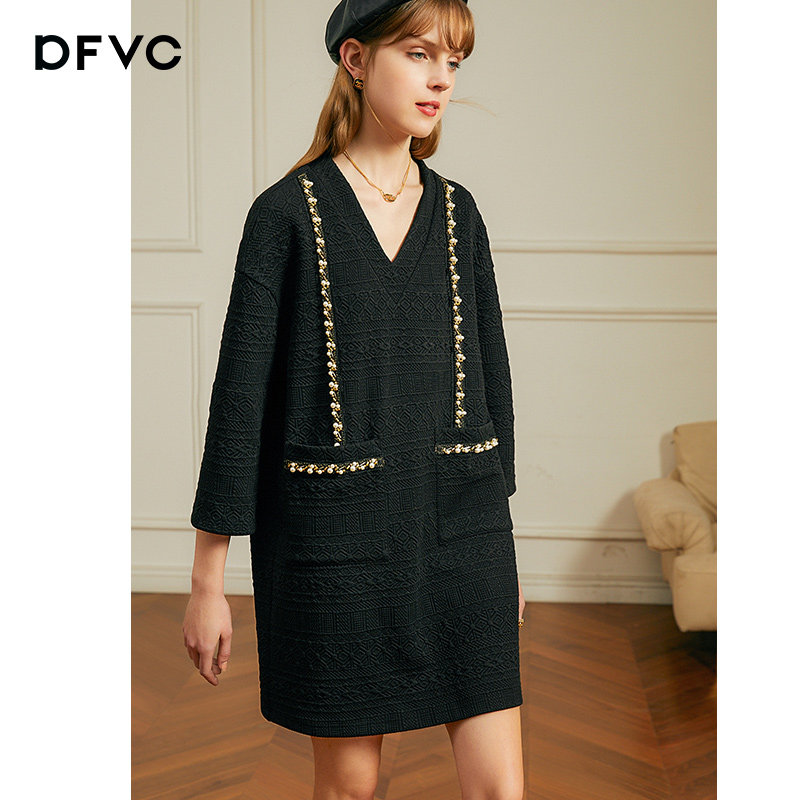 dfvc春季黑色v领钉珠连衣裙卫衣裙 dfvc连衣裙