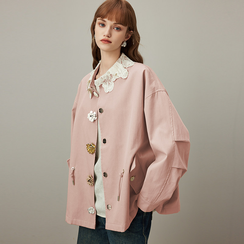 dfvc韩版纯棉短款风衣外套女2025年秋季新款抽绳宽松休闲夹克上衣 - 图0