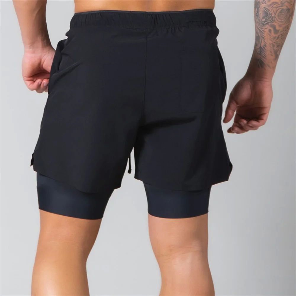 Black 2 in 1 Shorts Men Gym Fitness Bodybuilding Quick-dry P - 图2