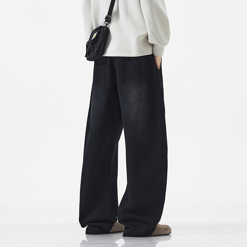 大码黑色牛仔裤子男士春秋季美式复古工装ins直筒裤加大阔腿长裤 - 图2