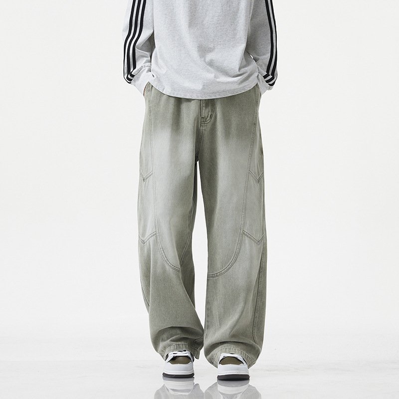 大码黑色牛仔裤子男士春秋季美式复古工装ins直筒裤加大阔腿长裤 - 图0