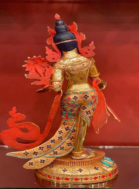 白度母站立像尼泊尔精品全鎏金镶嵌宝石白卓玛铜雕高度41cm