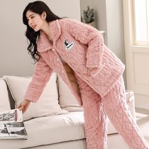 Pajamas Woman Winter Three Floors Thickened Flannel Sleepwear Suit Autumn Winter Warm Coral Suede Jacket Cotton Padded Jacket