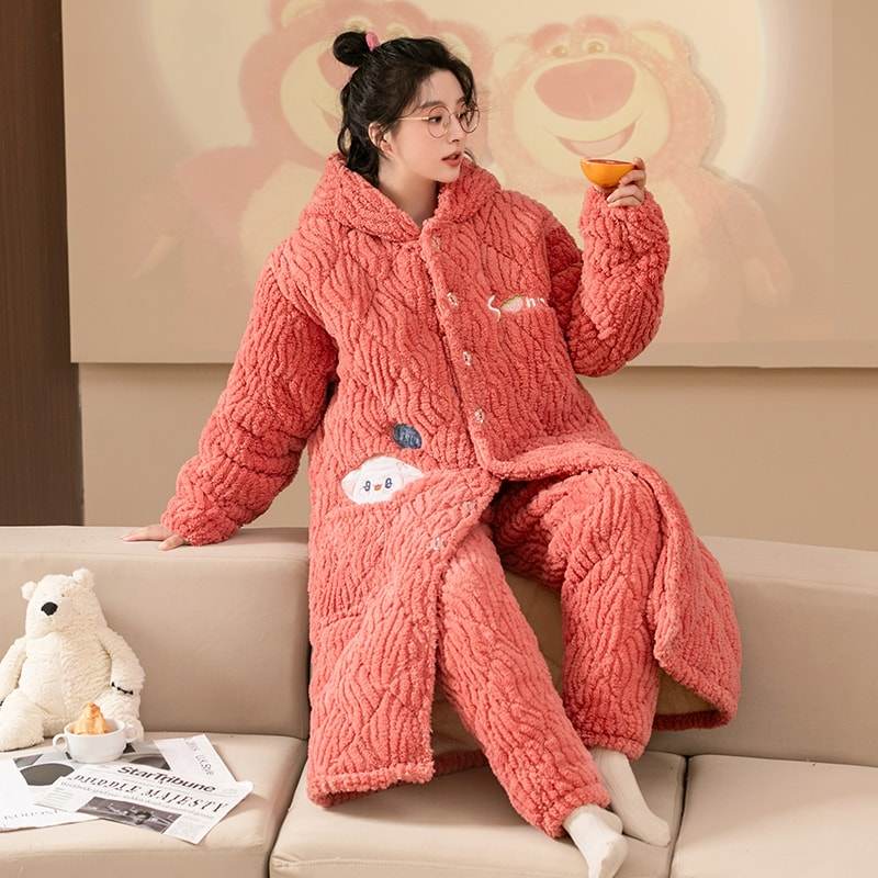 睡衣女冬款三层夹棉珊瑚绒长款睡袍新款连帽保暖法兰绒家居服套装,淘宝优惠券,粉丝福利购,淘宝优惠卷