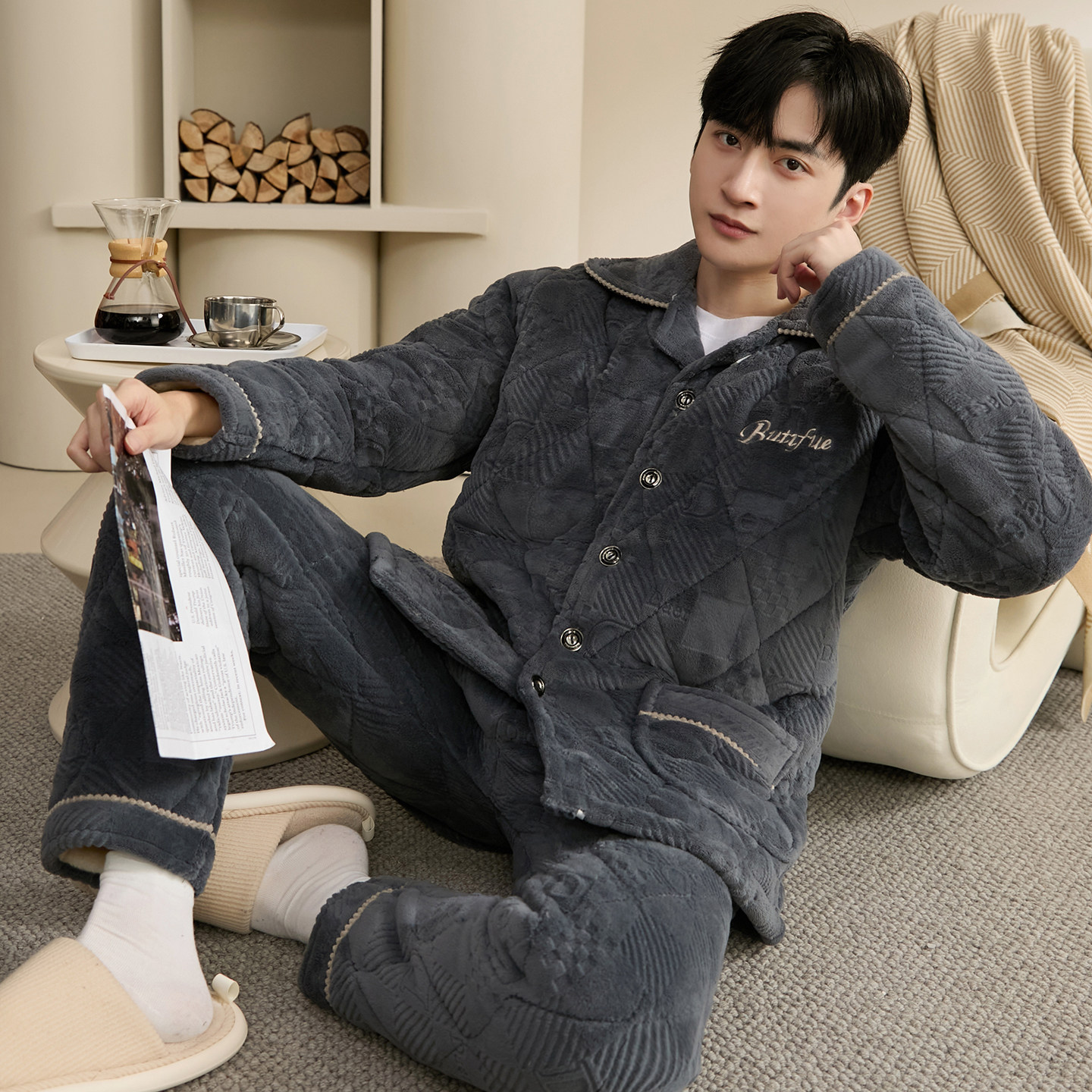 秋冬季三层加厚男士法兰绒夹棉睡衣加大保暖珊瑚绒家居服棉袄套装,淘宝优惠券,粉丝福利购,淘宝优惠卷