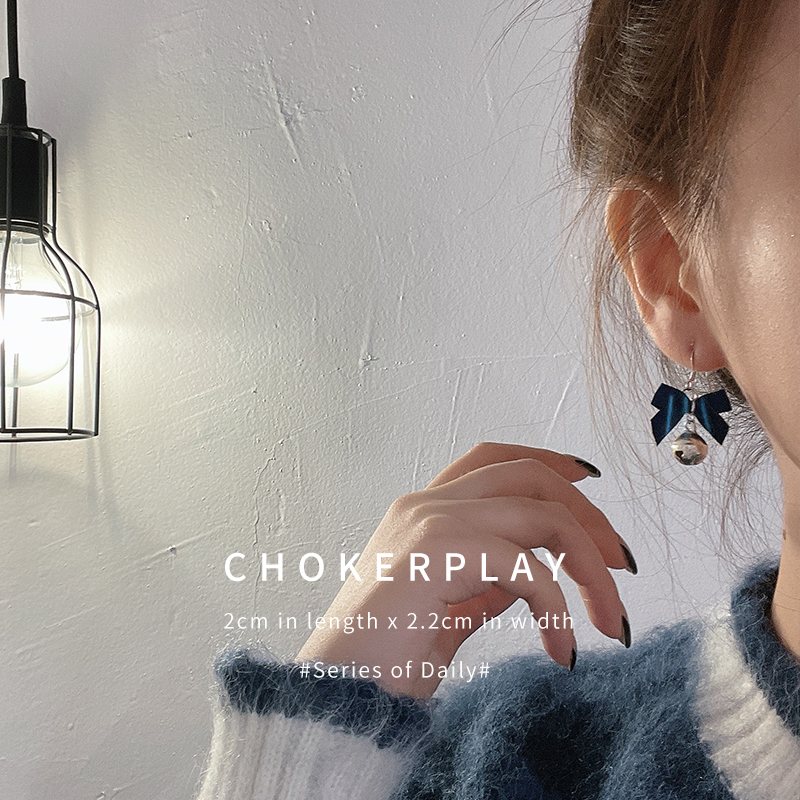 CHOKERPLAY原创宝石蓝色蝴蝶结会响的铃铛纯银针耳环无耳洞耳夹-图1