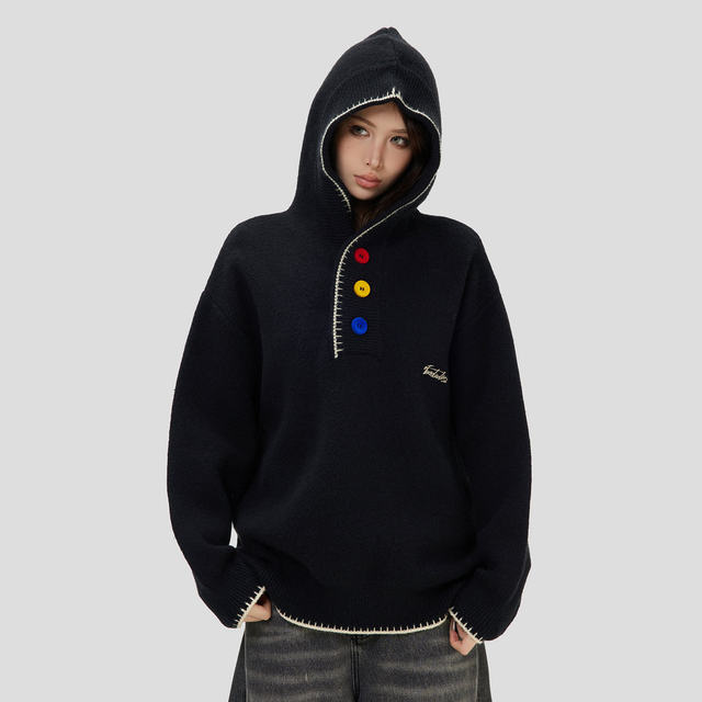 NOPASS three-color velvet buttoned hooded sweater