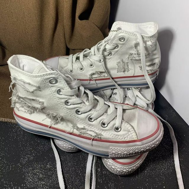 Handmade old canvas shoes with rotten holes for men, trendy retro high-top sneakers, college breathable rotten edges, personalized korean fashion shoes