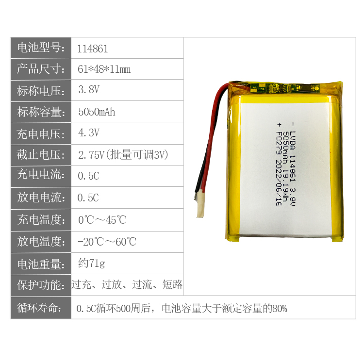 3.8V5050mAh聚合物锂电池114861带保护板智能锁 - 图2