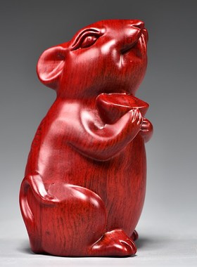 速发红色木头木鼠摆制实木质雕刻十二生肖属老鼠木件装饰工艺品