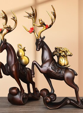 速发纯生铜摆件一财百对福鹿一路黄财玄关家居桌面客厅公司装饰