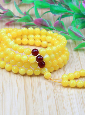 天然鸡油黄蜜蜡佛珠8-9mm圆珠108颗手串项链珠宝念珠琥珀男女款石