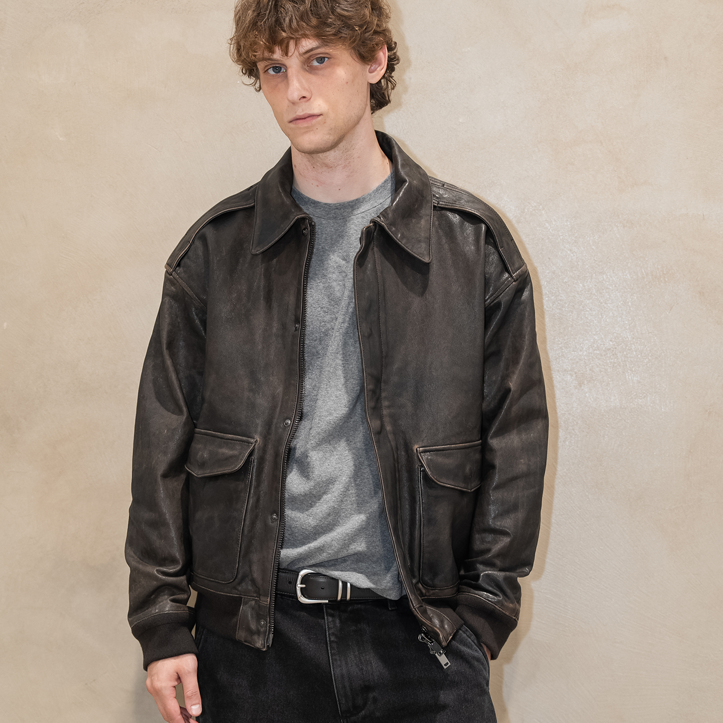 GREMADE ROW风新西兰羊皮“泥染”落色做旧无涂油蜡A2飞行服夹克 - 图2