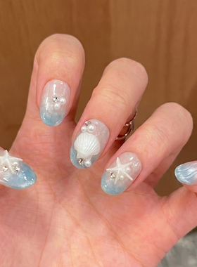 蓝色海洋人鱼浮雕纯手工美甲贴片