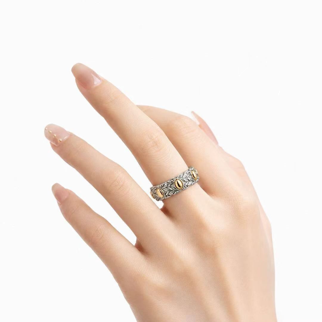 Seven grain rice ring 999 pure silver women's ethnic style solid open ring niche design men's and women's sterling silver ring