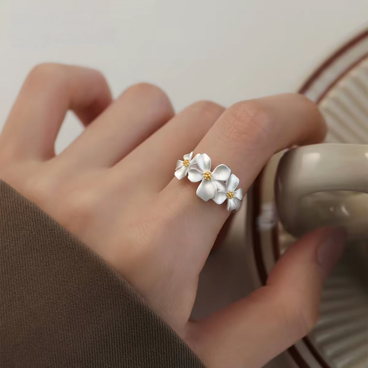 Pure silver 999 gardenia ring fresh literary flower sterling silver ring gift for girlfriend