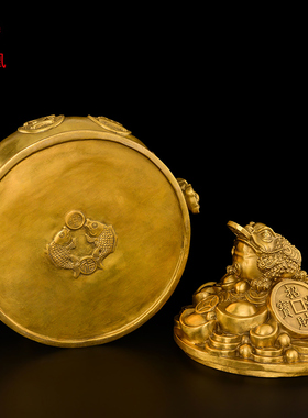 速发金铜聚宝盆纯件摆蟾招财如意铜盆客厅办公室装饰家居财位摆号