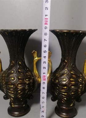 速发古玩铜器收藏,鎏金凰凤花瓶一对 孔花开屏雀瓶家居装饰