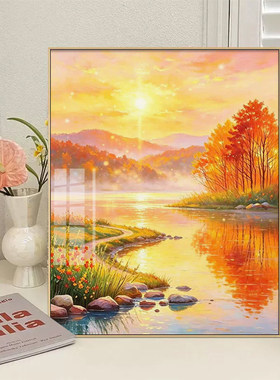 橙色落日新款十字绣套件简约现代风景钻石画湖畔树木棉线手工DIY
